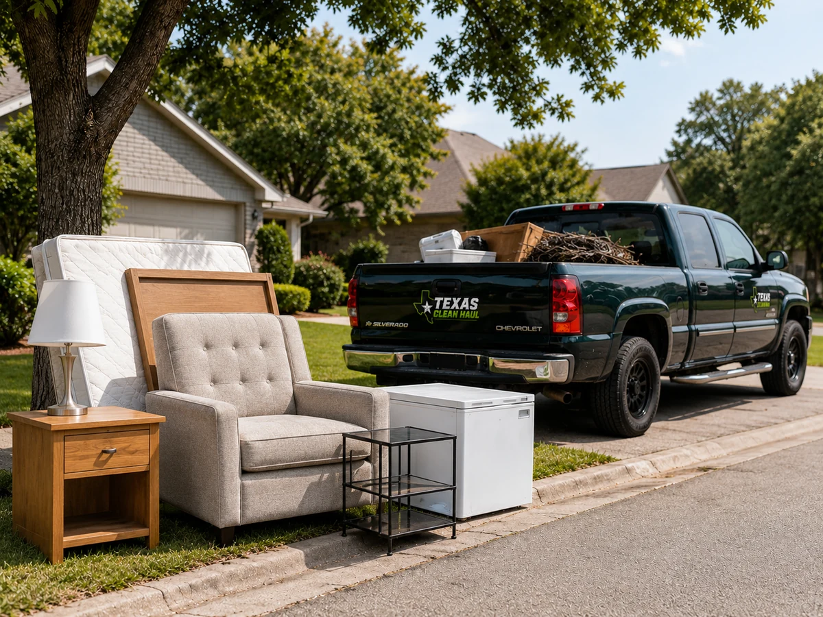 Texas Clean Haul curbside junk pickup with the green pickup truck