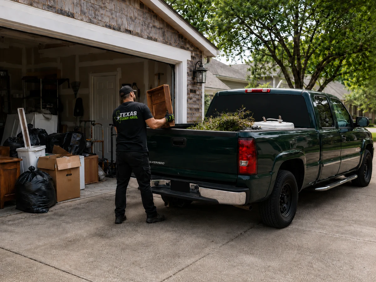 Texas Clean Haul garage cleanout service with the green pickup truck