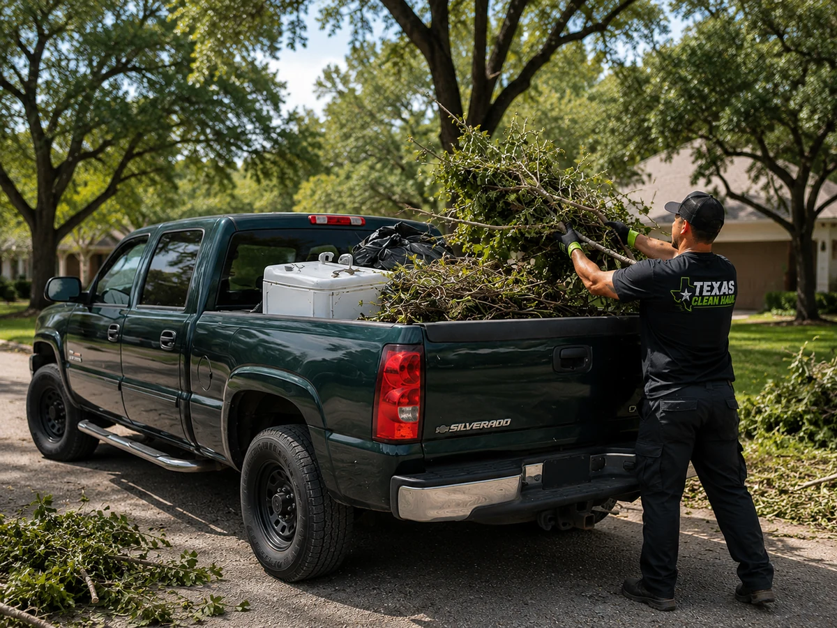 Yard debris removal with Texas Clean Haul pickup