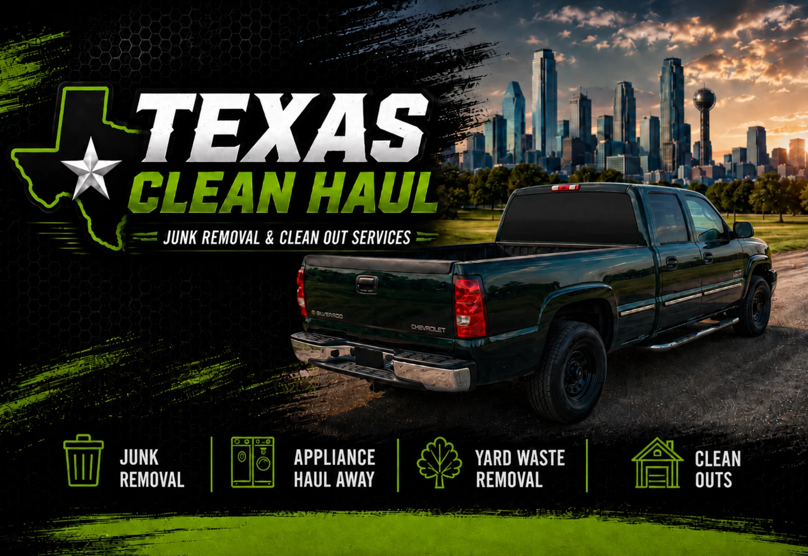 Texas Clean Haul green pickup truck with Dallas skyline